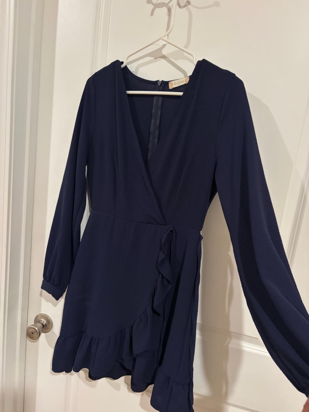 Altar’d State Navy Wrap Mini Dress Ruffle Hem Long Sleeve Size Medium